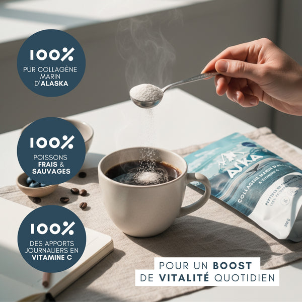 Poudre de collagene marin hydrolyse dissous dans une boisson